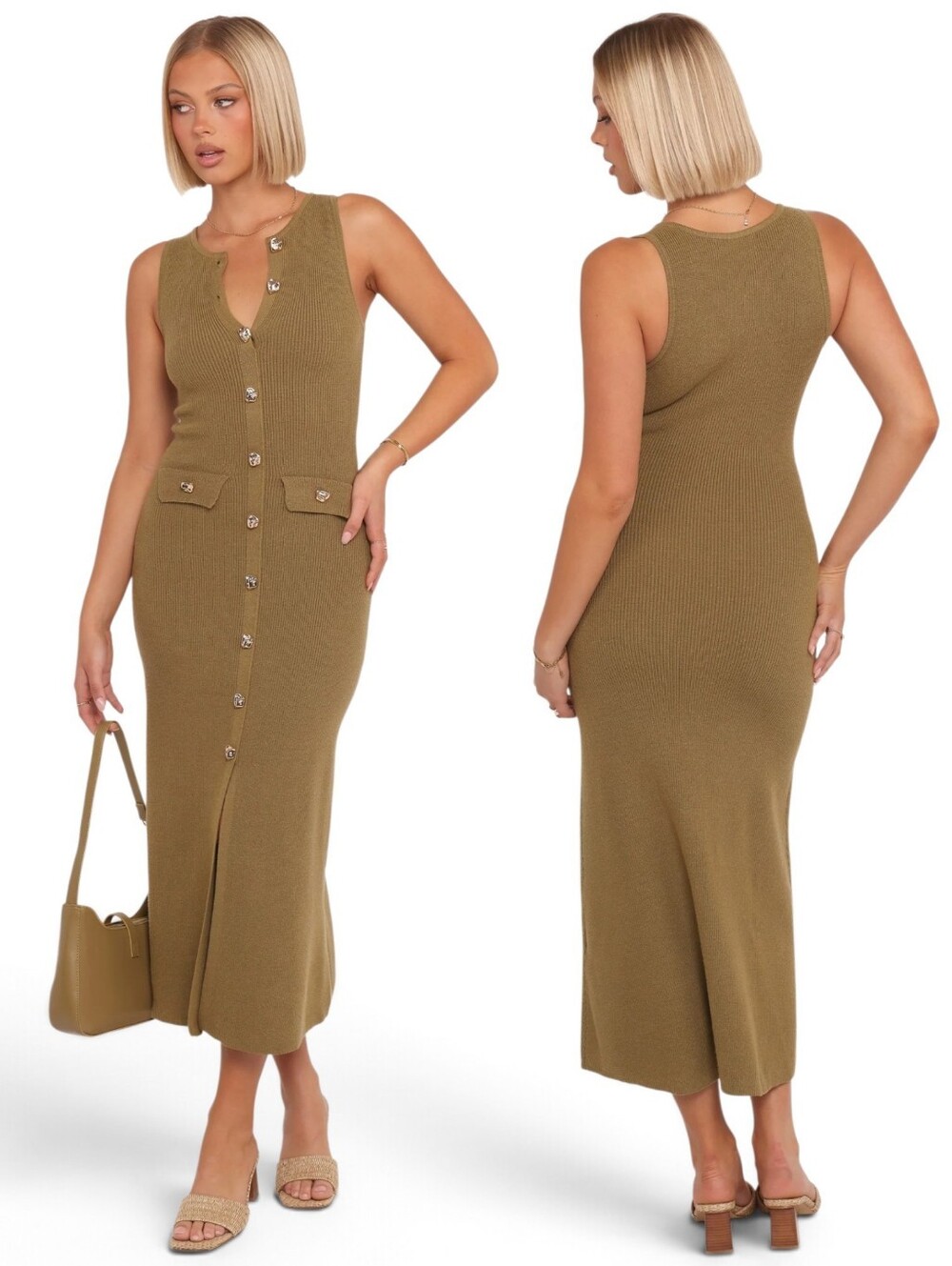 Petal & Pup Olive Ribbed Aspen Button-Front Midi Knit Dress S